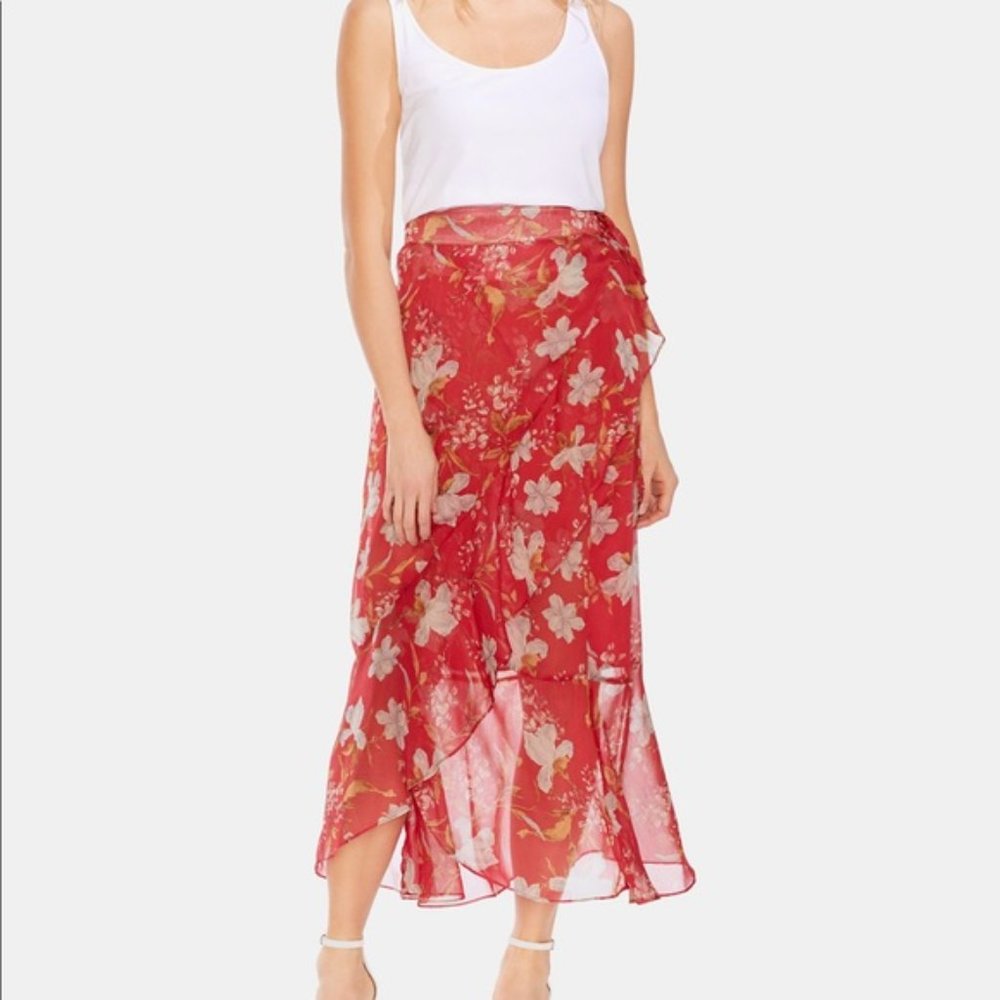 Vince Camuto Red Floral Asymetrical Midi Skirt